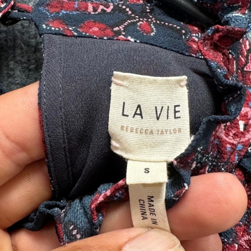 La Vie Rebecca Taylor Navy Red Paisley Ruffle Neck Drop Waist Mini Dress Small - Picture 5 of 12